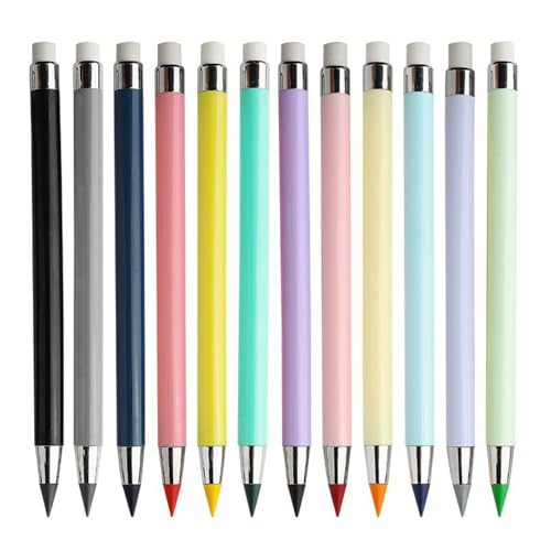 Gvrxec 12 lápices eternos con 12 puntas de repuesto, lápices mágicos de colores con goma de borrar, lápiz sin tinta, lápiz reutilizable Everlasting Pencil, lápiz sin afilar, para escribir y pintar