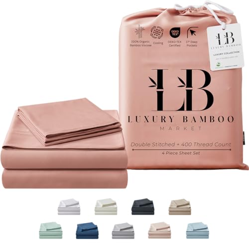 Luxury Bamboo Market | Queen Size Bed Sheet Set | 100% Viscose Made from Bamboo | Organically Grown | Ultra Soft | Cooling Sheets for Hot Sleepers | 17" Deep Pocket [Rose Quartz]