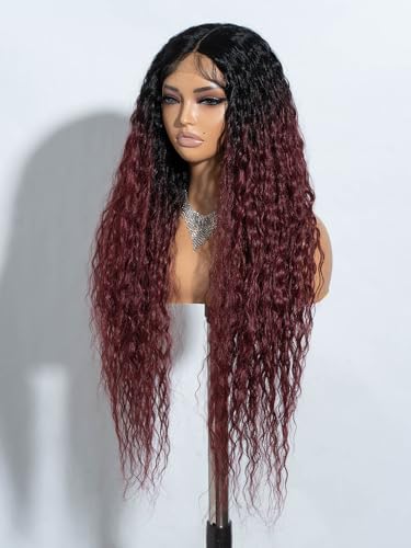 Joedir Long Deep Curly Wavy Wig Pre Plucked Synthetic Lace Front Wig HD Transparent Glueless Lace Wig Heat Resistant Fiber Pre Plucked Hairline with Baby Hair for Women Ombre Wine Red - Image 3