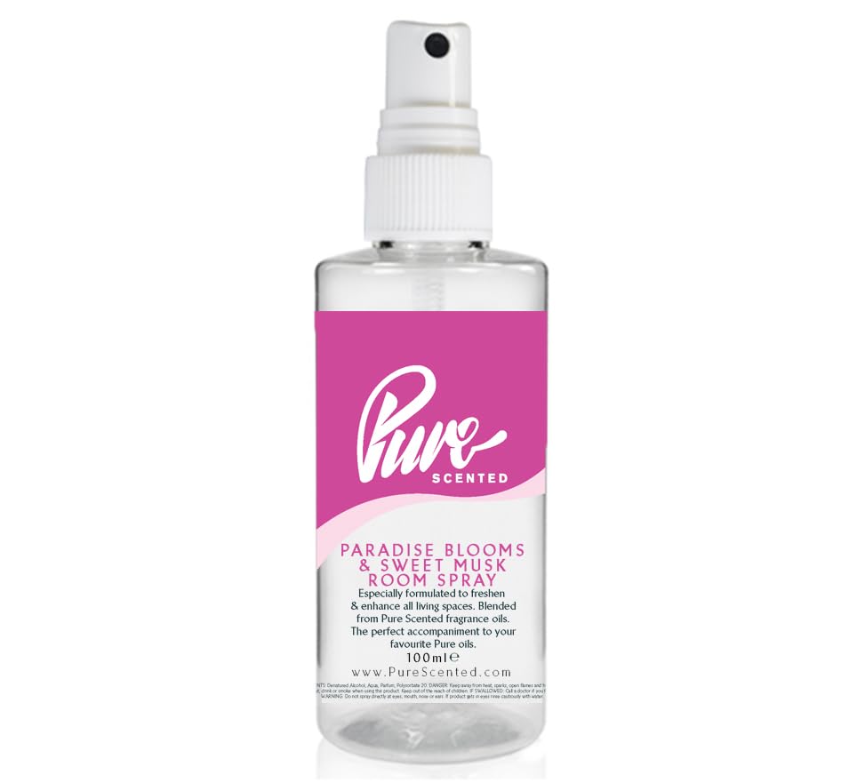 "Pure Scented 100ml Room & Fabric Sprays Suitable For Home, Car, Caravan, Work, Gym Bags, Odour Eliminators (1 x 100ml, Paradise Blooms & Sweet Musk)"