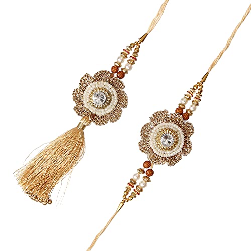 Image of eCraftIndia Boy's Golden & White Beads, Pearl, Diamond Designer Bhaiya Bhabhi Rakhis With Roli Chawal