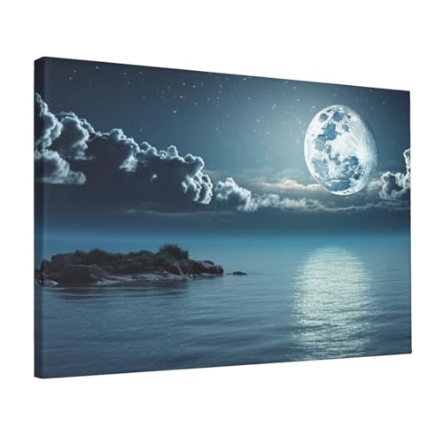Toile paysage lune et océan YoupO pour illuminer un salon sombre avec une touche colorée
