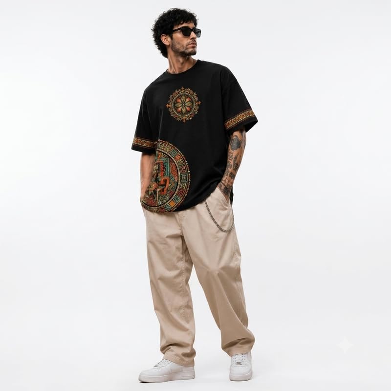 Image of DARREN LUKE Men's Premium Oversized Graphic T-Shirt, Aztec & Mandala Tribal Art Print, Heavyweight Cotton Streetwear Tee, Casual Ethnic Pattern Crewneck
