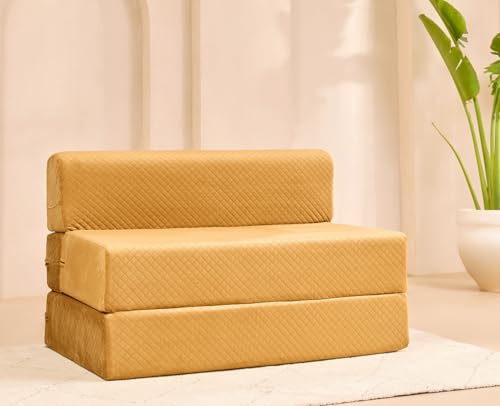 Image of uberlyfe Xtra High, Xtra Soft 2 Seater (4' x 6') Sofa Cum Bed | 1 Year Warranty | 17 inch Sofa Height | Twin Size Foldable Bed | Plush Laser Quilted Fabric | Molten Caramel Color