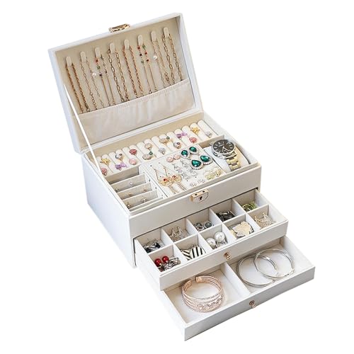 ZERIFAM Jewelry Storage Box - PU Leather Jewelry Organizer 3 Layer Jewelry Storage Box With Metal Buckles Used For Earrings Rings Necklaces Bracelets And Jewelry Boxes. (White)