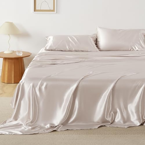 21-Momme 100% Mulberry Silk Premium Fabric with Smooth Finish Soft Feel and Long-Lasting Quality Sheet Set 4 Pcs Silky Bedding Set with 12 Inches Deep Pocket Queen Size Set Ivory/Cream