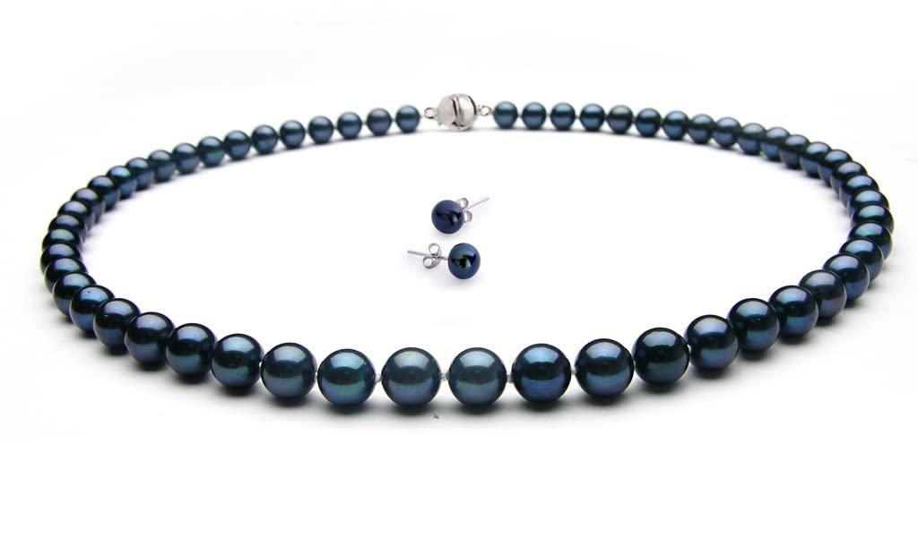 Treasure Bay Set di collana di perle da donna, grado AA, 8-9 mm, collana e orecchini a perno con perle d'acqua dolce nere per donne e ragazze