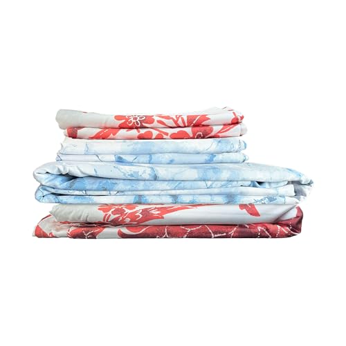 Image of LANE LINEN 210TC Cotton Bedsheet Set Super King - Pack of 2 (6-Piece) | 2 Bedsheets & 4 Pillow Covers | Soft, Breathable, Digital Print - Floral Red & Abstract Blue