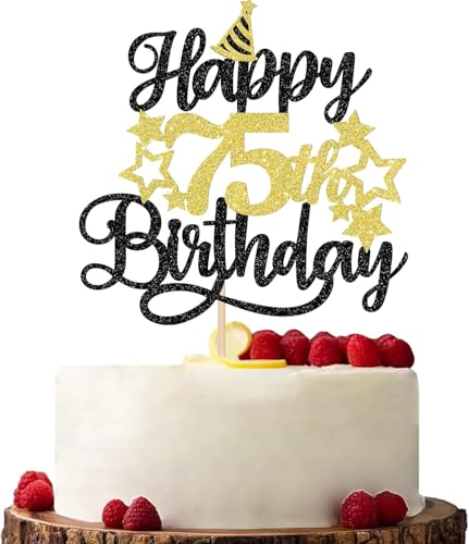 Image of Confetti! Glittering 75th Birthday Cake Topper with Star Hat - Cheers to 75 Years! Fabulous Cake Decorations for Elders 75th Birthday & Anniversary Party Supply