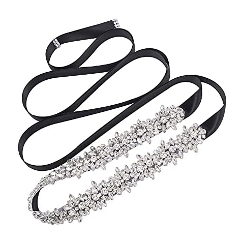 WEZTEZ Bridal Belt with Bow Handmade Clear Crystal Sashes Rhinestone Wedding Belt for Bride Dress (Sliver-black) Cover