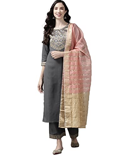 Image of INDO ERA Women's Cotton Blend Yoke Design Straight Kurta with Pant & Dupatta Set