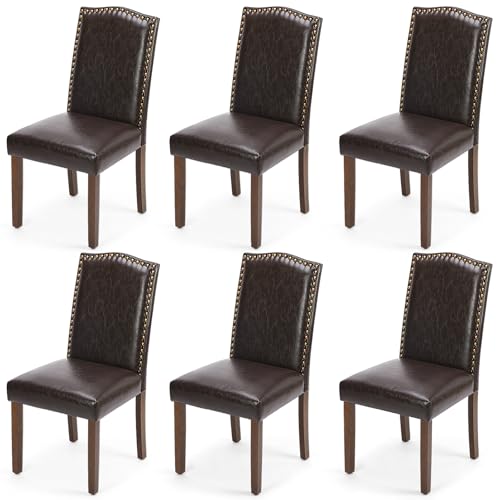 DUMOS Dining Chairs Set of 6, Moden PU Leather Kitchen Table Chairs with Wooden Legs and Padded Seat for Dining Room/Kitchen/Living Room/Restaurant, Brown