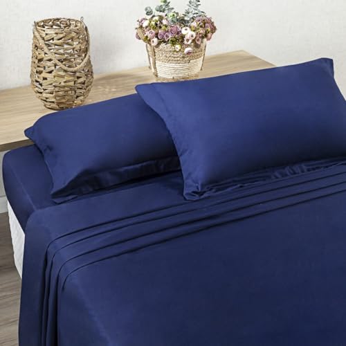 Jogo de Lençol 4 Peças 400 fios Algodão - Fio Egípcio - Aba Americana (Marinho, CASAL)