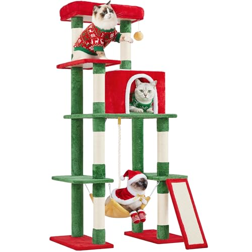 Yaheetech 63in Christmas Cat Tree, Multi-Level Cat Tower with Cozy Caves, 7 Scratching Posts, Scratching Ladder, Hammock for Indoor Kitty as Party Decoration, Red/Green