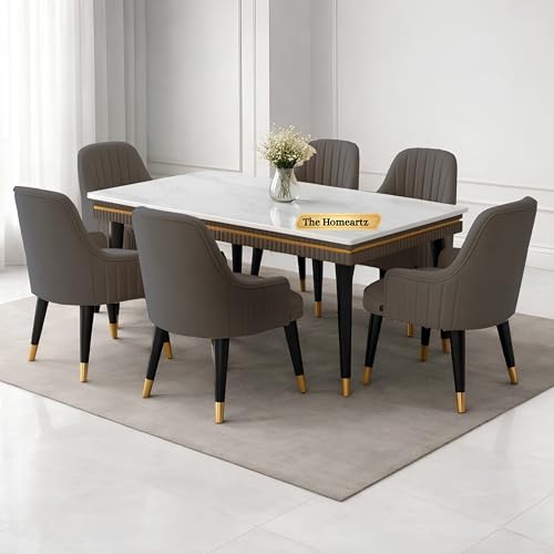 Image of Elara Modern Dining Table Set 6-Seater Wooden Dining Table Set | 1 Year Warranty | Nano Composite Marble Marble Top Table with 6 Chairs (Dark Gray)