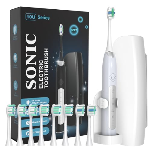 ANVS Sonic Electric Toothbrushes for Adults - Rechargeable Electric Toothbrush with Travel Case, 8 Brush Heads, 5 Modes and a Holder, Power Whitening Toothbrush Fast Charge for 90 Days Use(Grey)