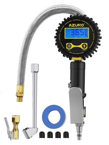 AZUNO Digital Tire Inflator with Pressure Gauge, 200 PSI Heavy Duty Air Compressor Accessories, with 14'' Steel-Braided Hose Lock on Air Chuck and Quick Connect Coupler
