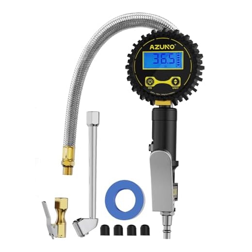 AZUNO Digital Tire Inflator with Pressure Gauge, 200 PSI (0.1 Res) w/LED Flashlight, Heavy Duty Air Compressor Accessories 7pcs Set, w/Lock on Air Chuck, Dual Head Chuck and 90° Tire Valve