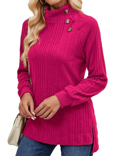 Image of Akiooue Tunic Tops for Women UK, Stylish Ladies Tops Turtleneck Stretchy Lightweight Jumpers Button Down Winter Fall Spring Going Out Wear Hot Pink Size 12-14