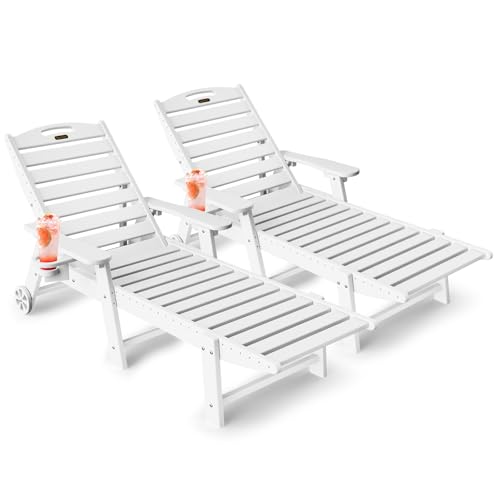SUUNYN Lounge Chair Outdoor Set of 2, HDPE Chaise Lounge Outdoor with 6-Position & Wheels &Cup Holder, Pool Lounge Chair for Pool Poolside Deck Backyard Patio, White