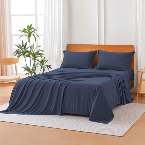 Image of Amazon Basics Jersey Knit 4-Piece Sheet Set, Wrinkle Resistant and Easy Fit, Includes 16 inch Deep Pocket Fitted Sheet, 1 Flat Sheet and 2 Pillowcases, King, Navy Blue