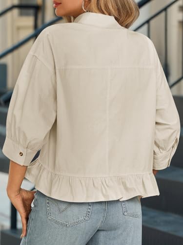 Cicy Bell Womens Cropped Button Down Shirts 3/4 Length Sleeve Casual Cotton Blouses Loose Fit Ruffle Hem Tops Khaki — view 5