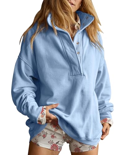 Gacaky Sweatshirt for Women Oversized Casual Long Sleeve Button Henley Neck Pullover Tops Fashion Outfits Clothes Blue M