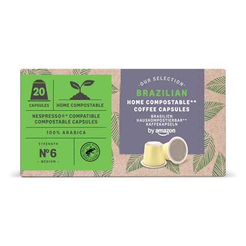 by Amazon Cápsulas de Café Compostables Home Compatibles con Nespresso, 100% Arábica Brasileña, 20 unidades, Certificadas por Rainforest Alliance
