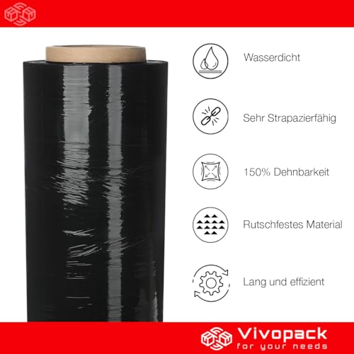 Vivopack Stretchfolie schwarz - 2 Stück - Verpackungsfolie auf Rolle, Stretchfolienrolle, 50 cm, 23μm, 250m, Schwarze Folie Selbstklebend, Wickelfolie Stretchfolie für Paletten, Umzugsfolie