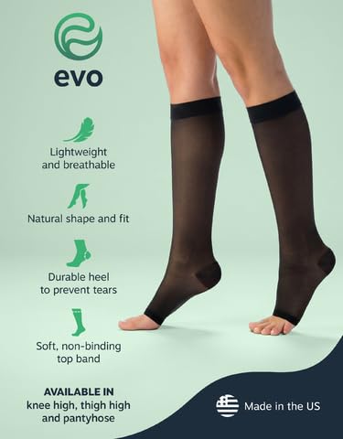 Image of EvoNation Women's Sheer Compression Support Pantyhose 20-30 mmHg Open Toe | Sheer nylon-spandex fabric with double-plush waistband, wide toe box, reinforced heel and open toe for all-day comfort