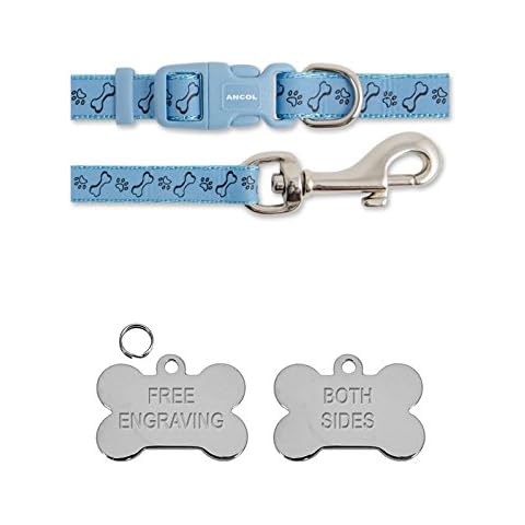 Ancol Blue Bone & Paw Small Bite Bone Puppy Small Dog Collar and Lead Set With Silver Bone ID Tag Cover