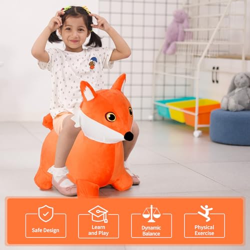 Image of INPANY Bouncy Horse, Fox Hopper Toys, Toddlers Bouncing Animal Hopping, Plush Bounce Buddies, Inflatable Ride on Rubber Bouncer, Indoor Outdoor Birthday Gifts Toy for 2 3 4 Year Old Girls Boys