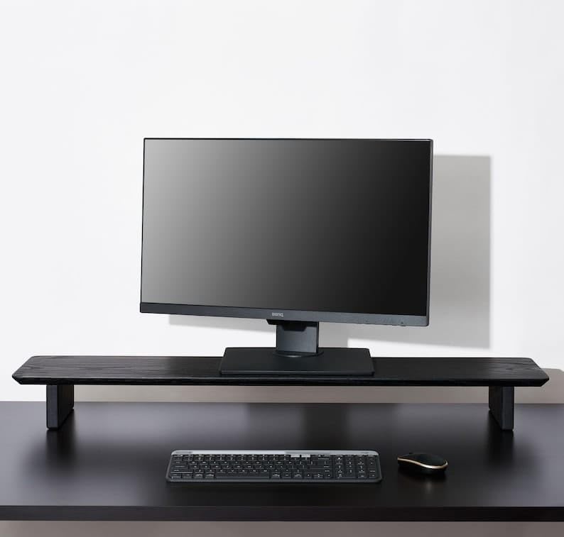 carpentray Wooden Computer Long Monitor Stand, Monitor Riser Desk Shelf Desktop Legs Stand TV Laptop Riser with Keyboard Storage Desk (Walnut (80cm, Full Black)