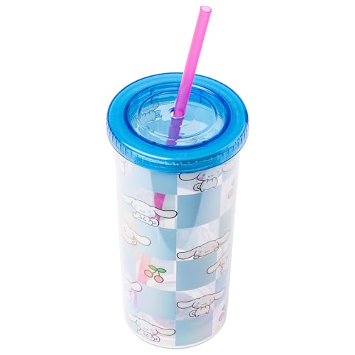 Image of Silver Buffalo Sanrio Hello Kitty and Friends Cinnamoroll Cherry Blue Checkered Plastic Cold Cup with Lid and Straw, 20 Ounces | Hello Kitty and Friends, Cinnamoroll, Blue Checkered, Includes Lid and Straw, 0.59 Liters