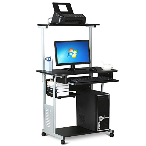 Yaheetech 2 Tier Rolling Home Office Computer Desk with Keyboard Tray & Printer