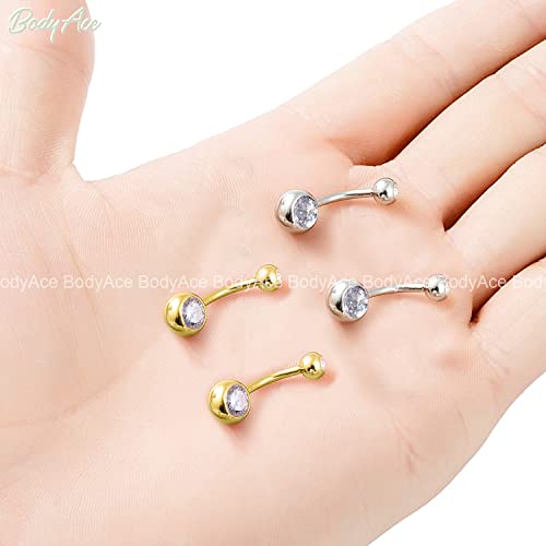 Bodyace 14G Double Cz Belly Button Rings For Women, 925 Sterling Silver Belly Barbell Piercing Internally Threaded Curved Navel Barbell Body Jewelry (Gold) #TOP6