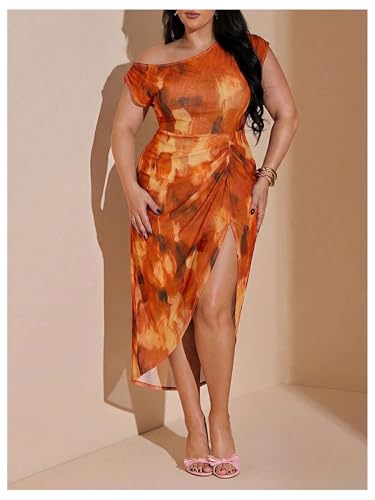 Image of Floerns Women's Plus Size Asymmetrical Neck Long Dress Ruched Slit Hem Cocktail Dress