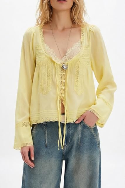 Image of Women Summer Sheer Tie Front Top Y2k Peplum Chiffon Blouse Eyelet Long Sleeve Flowy Lace Beach Cover Up Boho Tops