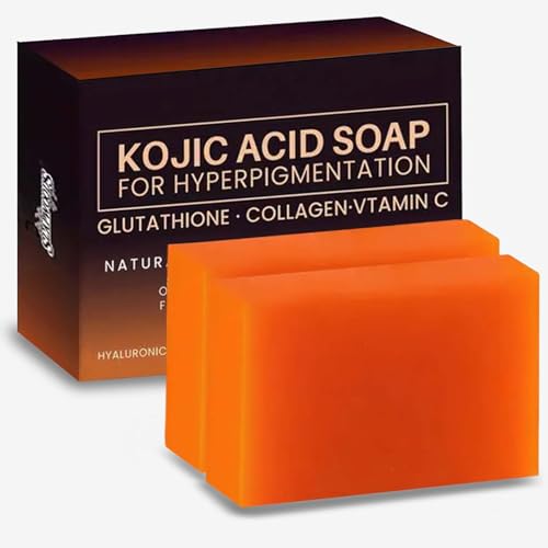 LAXDAMRE Kojic Acid Dark Spot Remover Soap Bars with Original Japanese Formula Vitamin E Retinol Collagen Hyaluronic Acid & Shea Butter for Even & Brighter Skin Tone Face & Body (2 Pack Orange)