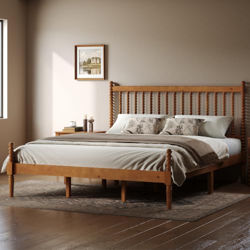Image of AMERLIFE King Solid Wood Bed with Bobbin Spindle Headboard, Brown