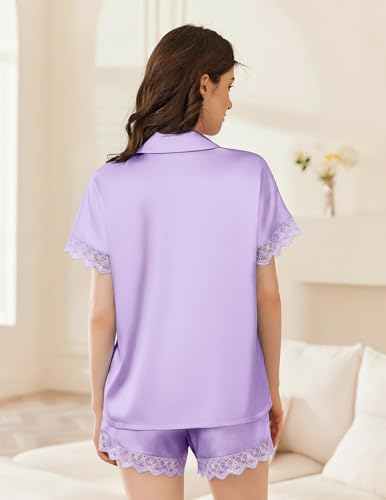 Image of Ekouaer Womens Lace Satin Pajama Set Button Down Pj Shorts Set Bridesmaids Getting Ready Outfits Casual Sleepwear XS-XXL