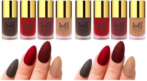 Image of MI Fashion Matte Nail Polish Set Multicolor Coffee, Tomato Red, Maroon and Nude Colors of 4 Pcs 9.9ml each (Pack of 2)