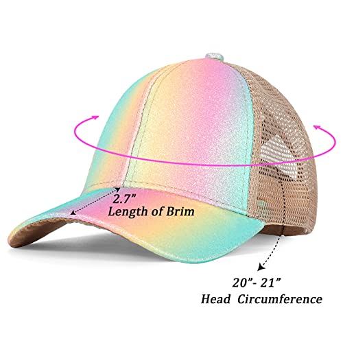 BROMZ Girls Glitter Baseball Cap Kids Ponytail Hat Adjustable Summer Mesh Trucker Hats for 4-12 Years