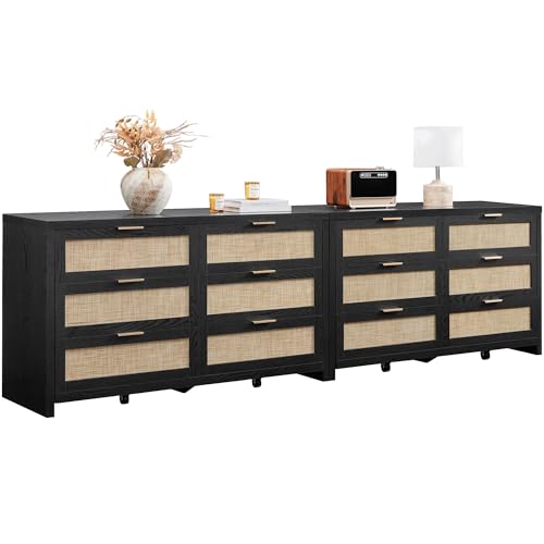 Image of SICOTAS Rattan Dresser for Bedroom, 6 Drawer Dresser with Ample Storage, Wooden Dressers Large Chest of Drawers, Closet, Boho TV Stand for Bedroom (Black Oak, 2 Pieces)