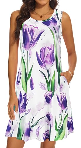 Image of Summer Dresses for Women 2026 Casual Sundresses Beach Cover Ups Sleeveless Tshirt Swing Dress with Pockets