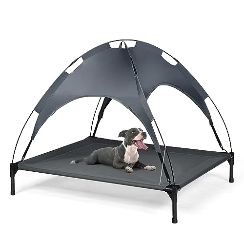 COSTWAY Brandina per Cani con Parasole, Cuccia Rialzato Cane e Tessuto Rinfrescante, Lettino per Cani con Tettuccio Taglia Media e Grande da Esterno e Interno (105x86x87 cm)