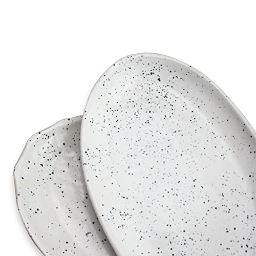 Roro Ceramic Stoneware Handmade Glossy Speckled Spotted Oval White Dinner Plates (Set Of X 2) For Dining And Serving #TOP3