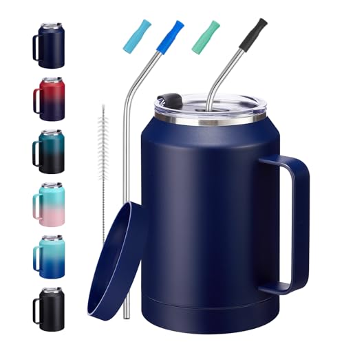 Image of 32 oz Mug Tumbler with Handle and Straw - Large Stainless Steel Coffee Cup with 2-in-1 Lid, Insulated Water Bottle Flask Jug, Metal Thermal Cup Keep Cold 36 hrs, Leakproof Proof BPA-Free