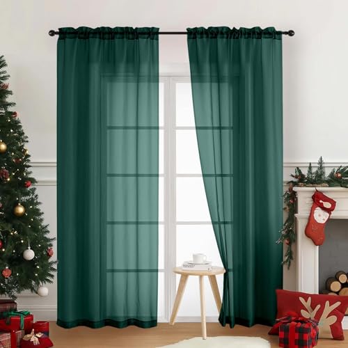 Ebesto Green Sheer Curtains 84 Inches Long 2 Panels, Elegant Airy Transparent Light Filtering Window Curtains, Window Drapes for Christmas, Top Dual Rod Pocket Design, Hunter Green, 2x42Wx84L Inches by Ebesto - Used condition - US$7.12