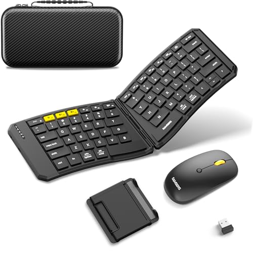 Ergonomic Foldable Keyboard and Mouse, Samsers KM09 Split Folding Bluetooth Keyboard Combo, 2.4G + BT5.0 x2, 6-Row Layout Portable Travel Keyboards & USB-C Wireless Mouse for iOS Android Windows MacOS